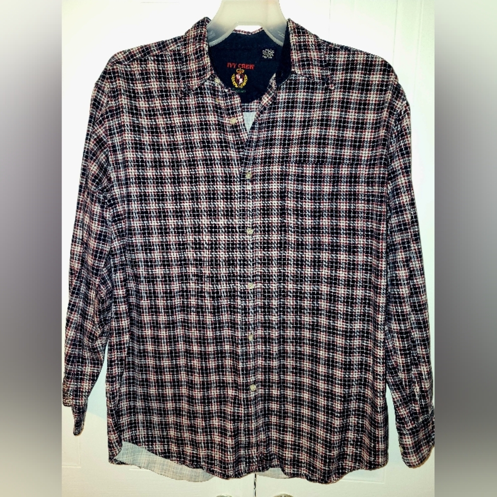 Vintage Ivy Crew Flannel Plaid Button Down Plaid Shirt 100% Cotton Size L